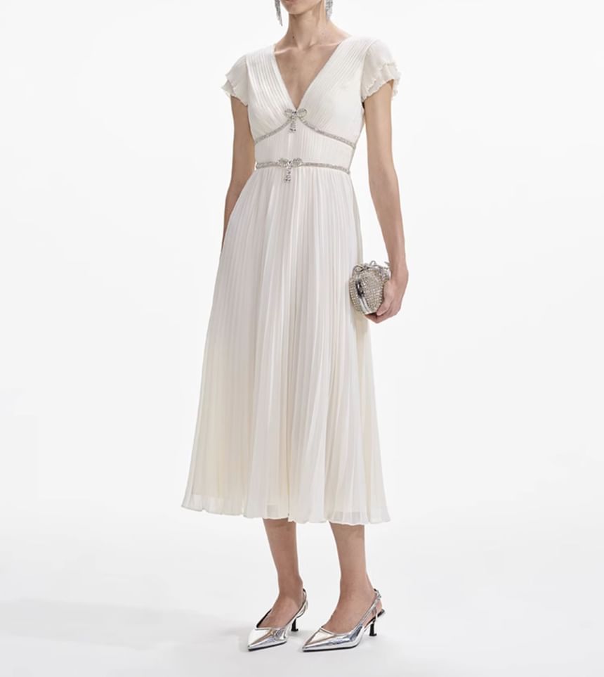 Cap Sleeve V-Neck Bow Pleated Panel Midi A-Line Dress