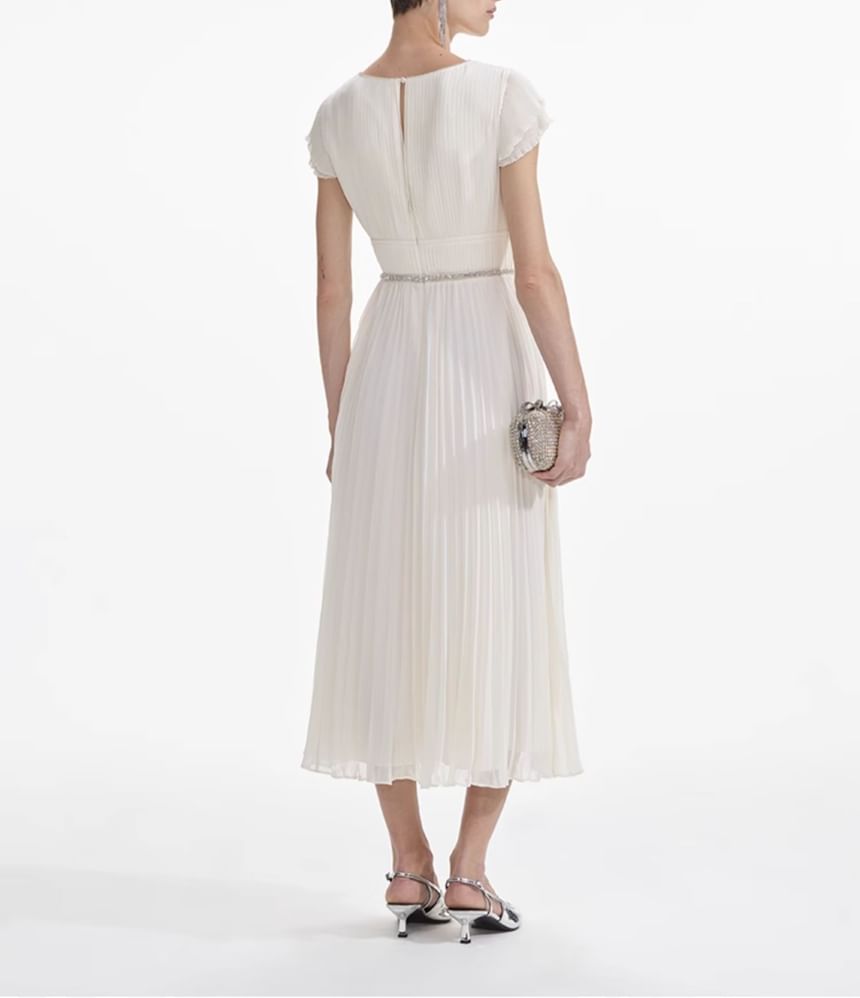 Cap Sleeve V-Neck Bow Pleated Panel Midi A-Line Dress