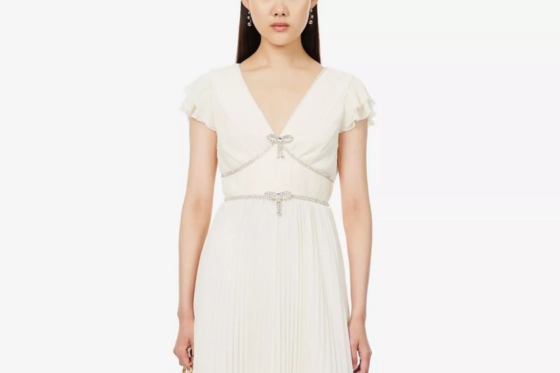 Cap Sleeve V-Neck Bow Pleated Panel Midi A-Line Dress