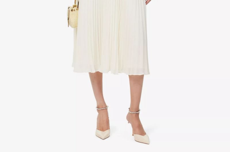 Cap Sleeve V-Neck Bow Pleated Panel Midi A-Line Dress