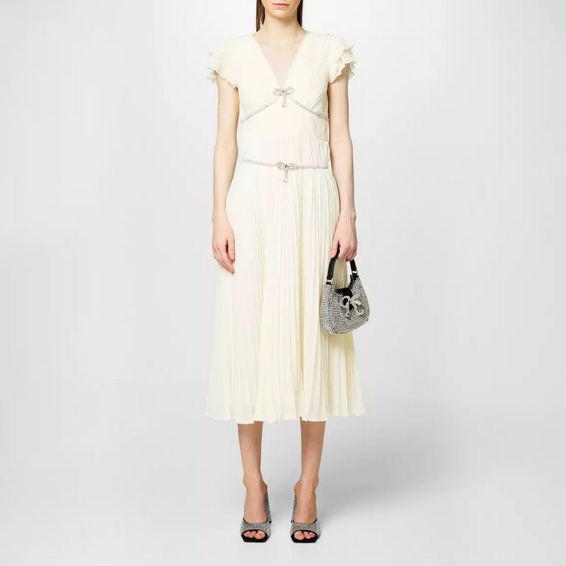 Cap Sleeve V-Neck Bow Pleated Panel Midi A-Line Dress