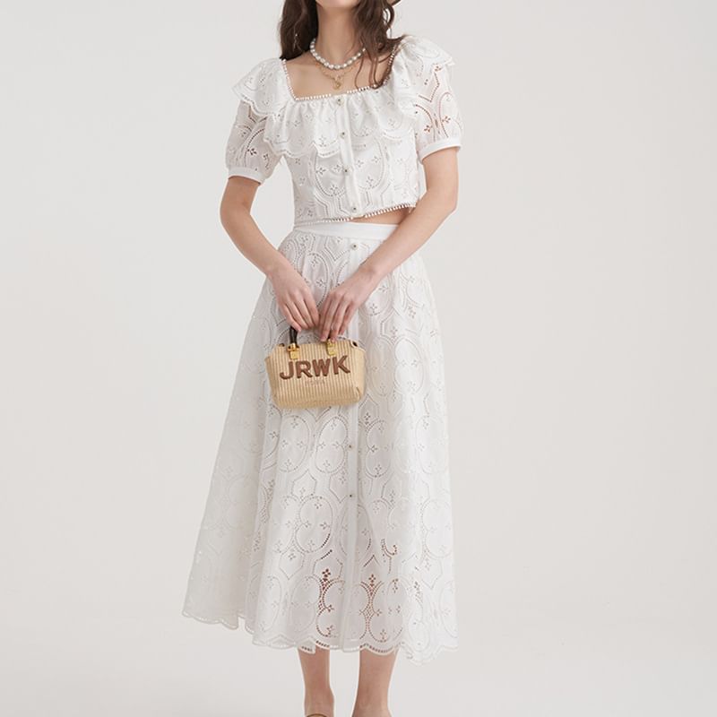 Set: Short Sleeve Square Neck Plain Ruffle Lace Blouse + High Rise Button Midi A-Line Skirt