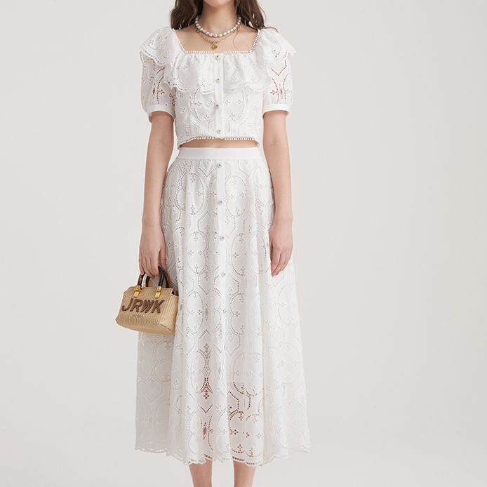 Set: Short Sleeve Square Neck Plain Ruffle Lace Blouse + High Rise Button Midi A-Line Skirt