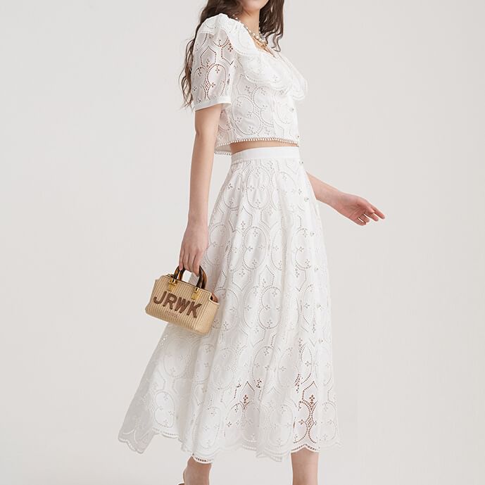 Set: Short Sleeve Square Neck Plain Ruffle Lace Blouse + High Rise Button Midi A-Line Skirt