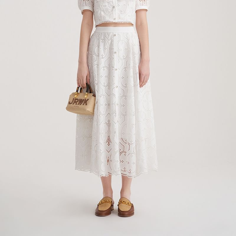 Set: Short Sleeve Square Neck Plain Ruffle Lace Blouse + High Rise Button Midi A-Line Skirt