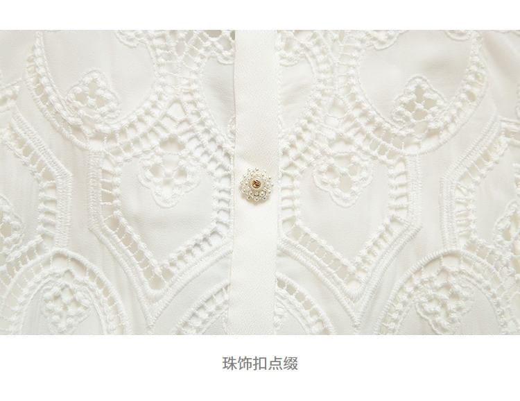 Set: Short Sleeve Square Neck Plain Ruffle Lace Blouse + High Rise Button Midi A-Line Skirt