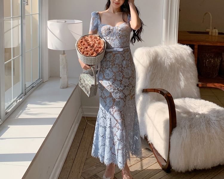 Short Sleeve Sweetheart Neck Bow Lace Overlay Midi Mermaid Dress