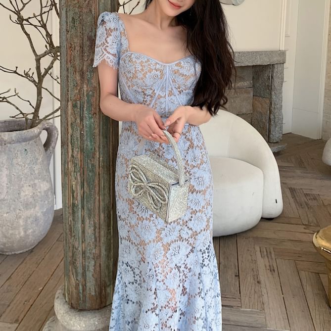 Short Sleeve Sweetheart Neck Bow Lace Overlay Midi Mermaid Dress