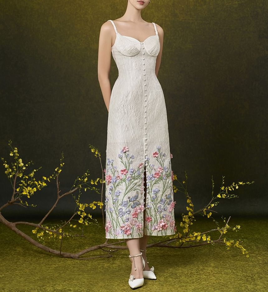 Spaghetti Strap Sweetheart Neck Floral Print Applique Button Slit Jacquard Maxi A-Line Dress