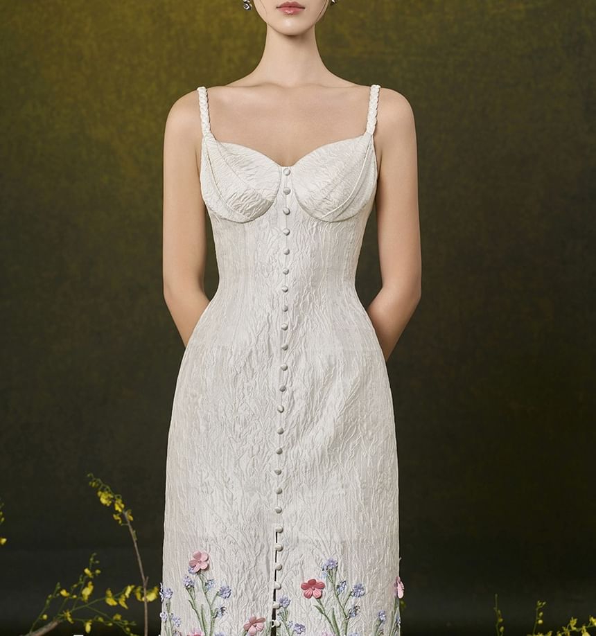 Spaghetti Strap Sweetheart Neck Floral Print Applique Button Slit Jacquard Maxi A-Line Dress