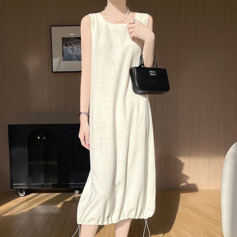 Sleeveless Round Neck Plain Drawstring Midi A-Line Dress