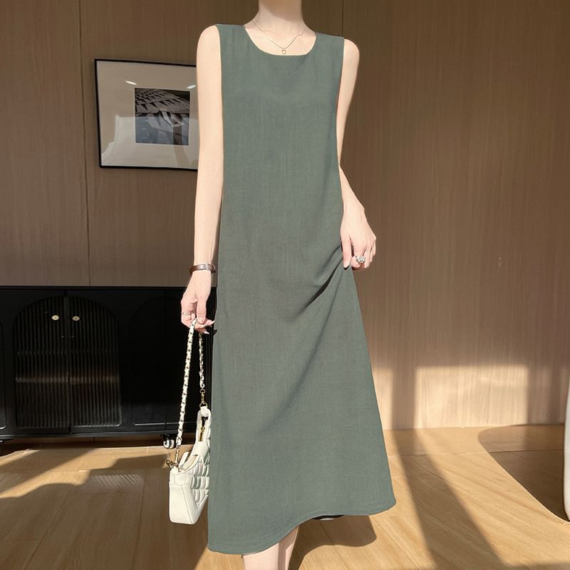 Sleeveless Round Neck Plain Drawstring Midi A-Line Dress