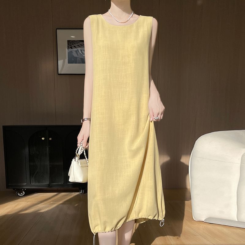Sleeveless Round Neck Plain Drawstring Midi A-Line Dress