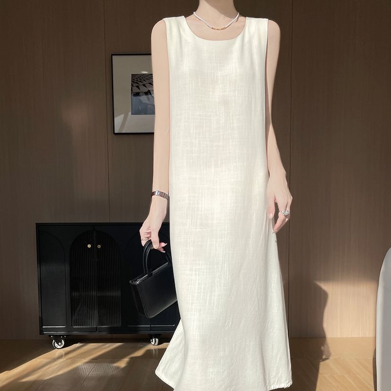 Sleeveless Round Neck Plain Drawstring Midi A-Line Dress