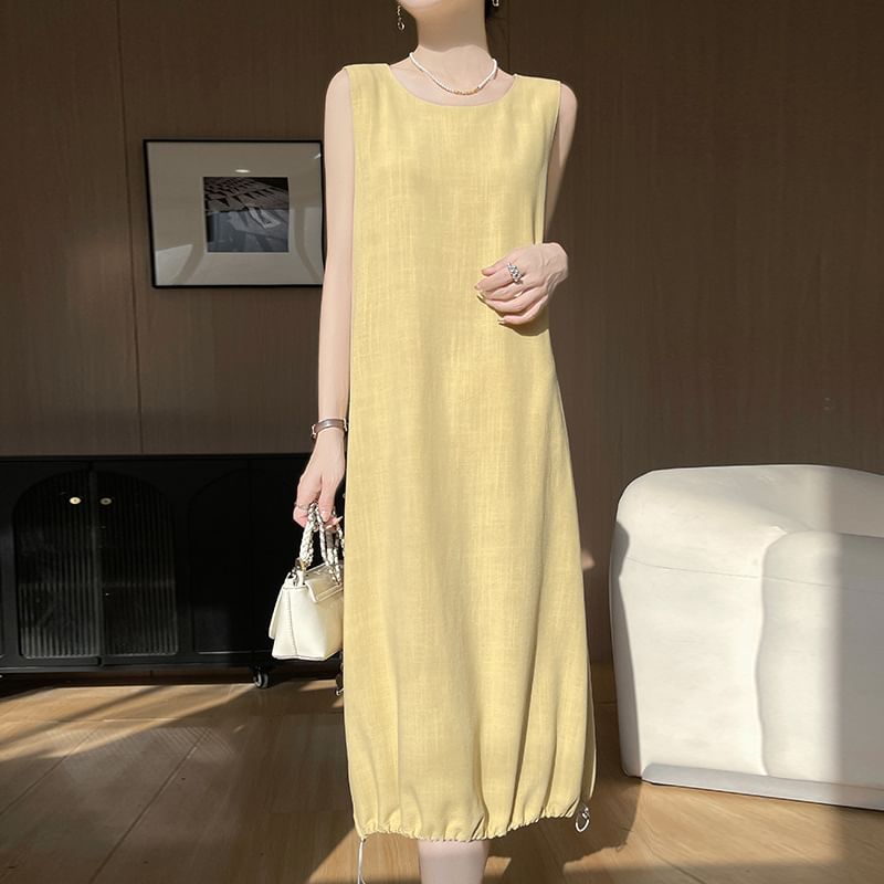 Sleeveless Round Neck Plain Drawstring Midi A-Line Dress