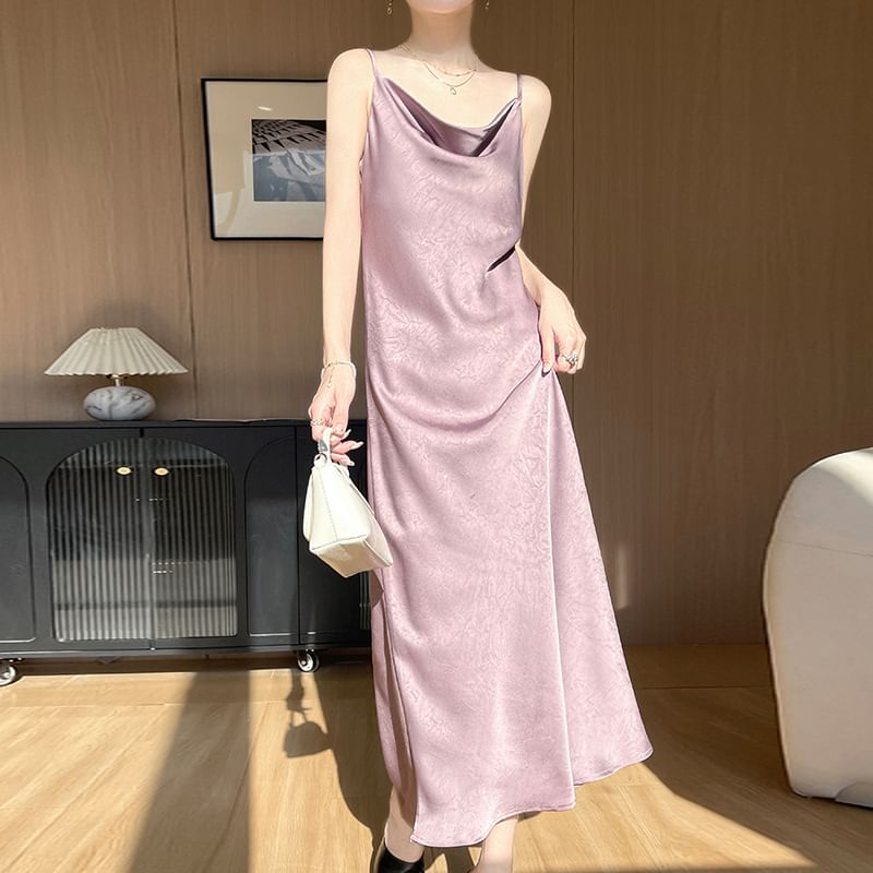 Spaghetti Strap Cowl Neck Plain Satin Maxi A-Line Dress