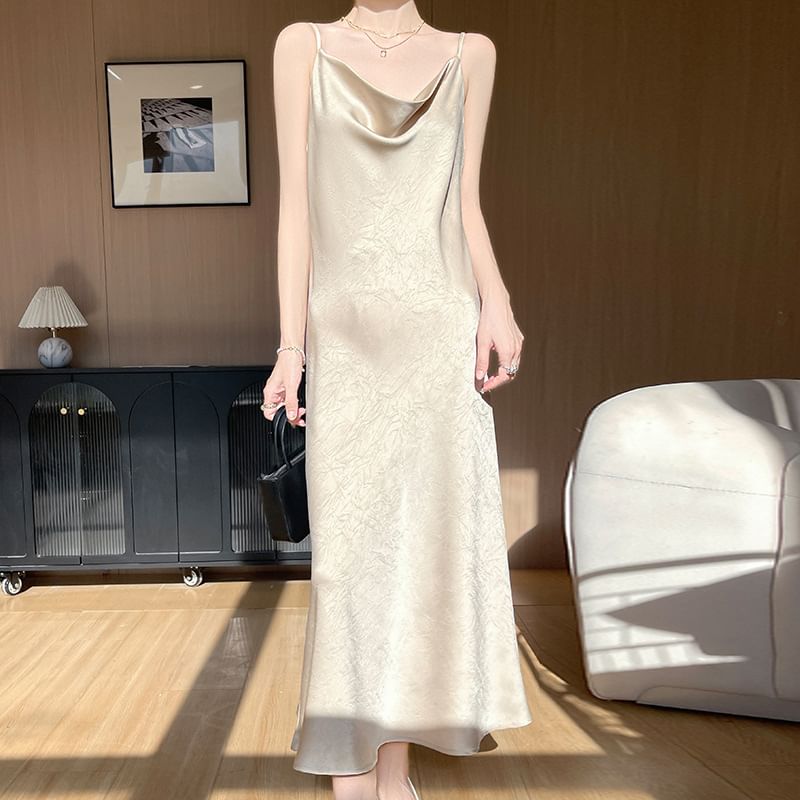 Spaghetti Strap Cowl Neck Plain Satin Maxi A-Line Dress