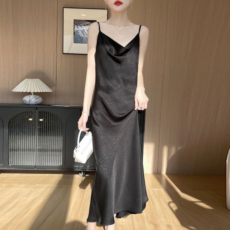 Spaghetti Strap Cowl Neck Plain Satin Maxi A-Line Dress