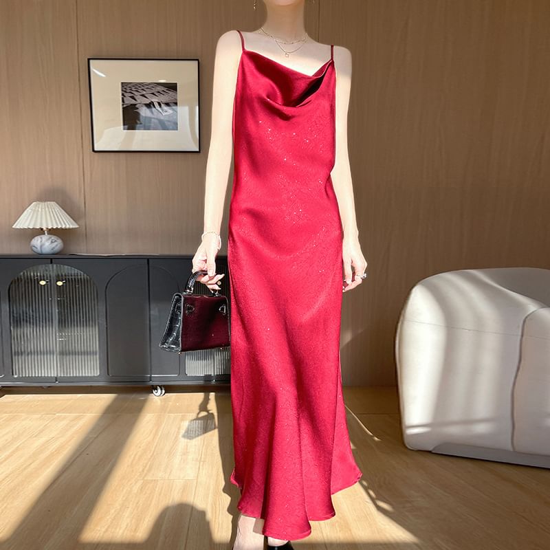Spaghetti Strap Cowl Neck Plain Satin Maxi A-Line Dress