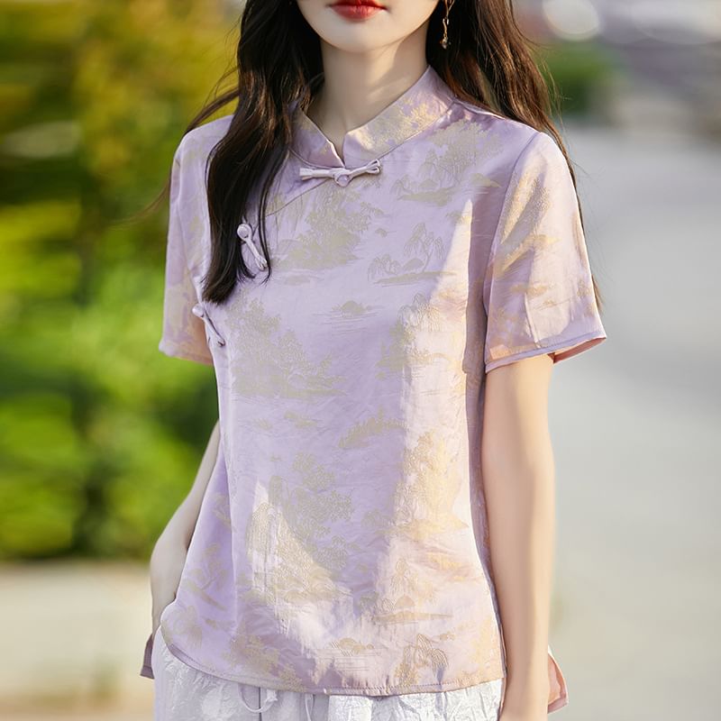 Short Sleeve Mandarin Collar Jacquard Top