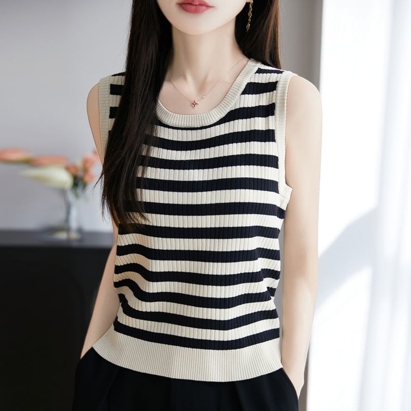 Round Neck Striped Ribbed Knit Tank Top