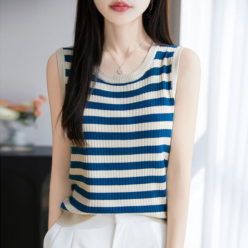 Round Neck Striped Ribbed Knit Tank Top