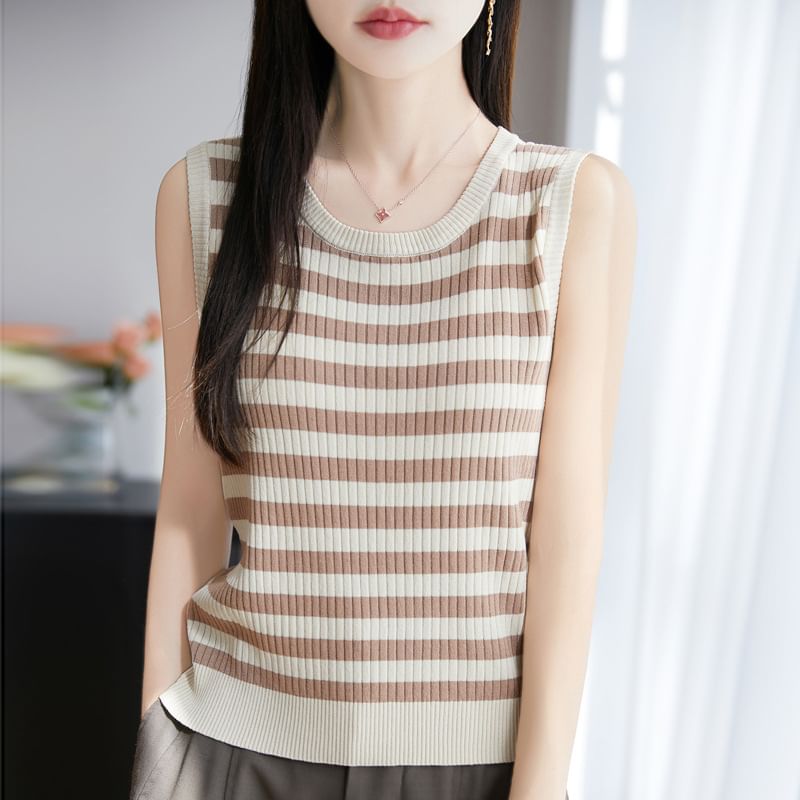 Round Neck Striped Ribbed Knit Tank Top