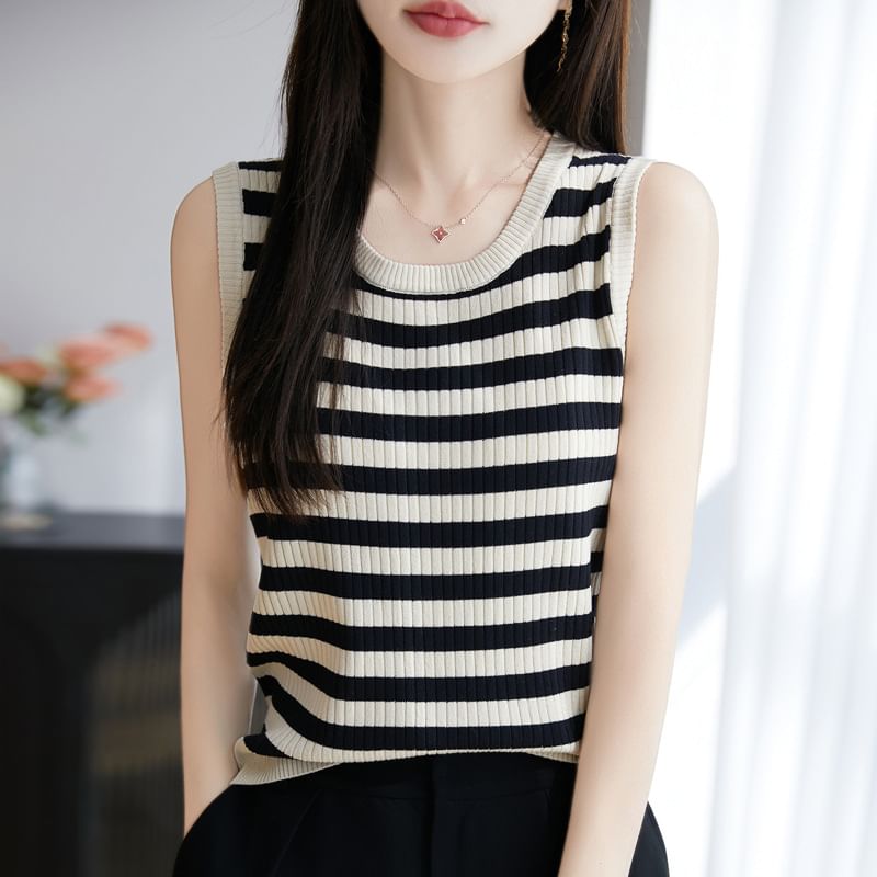 Round Neck Striped Ribbed Knit Tank Top
