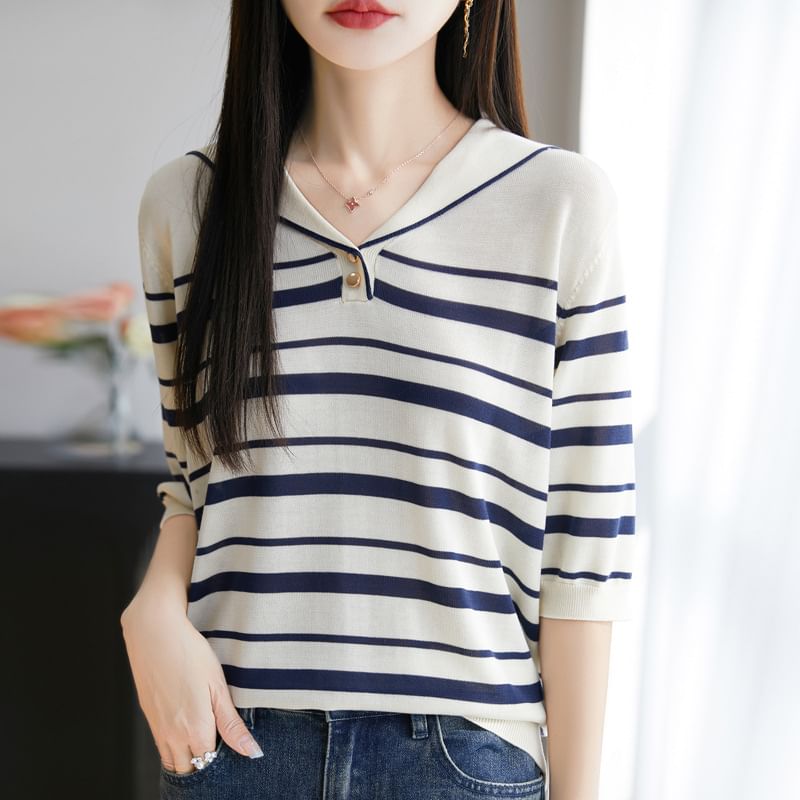 Elbow Sleeve Sailor Collar Striped Knit Top