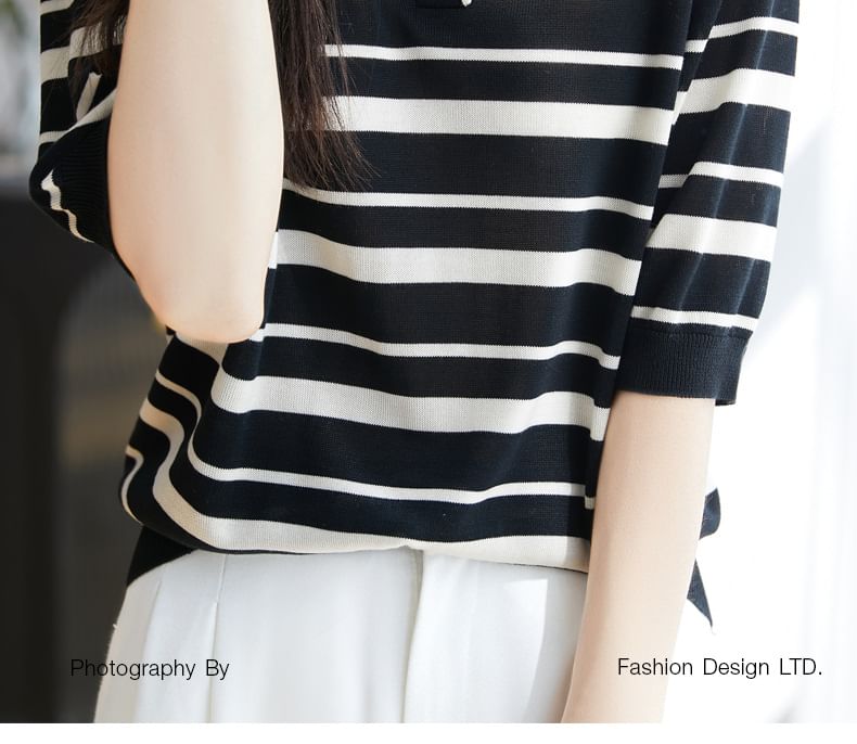 Elbow Sleeve Sailor Collar Striped Knit Top