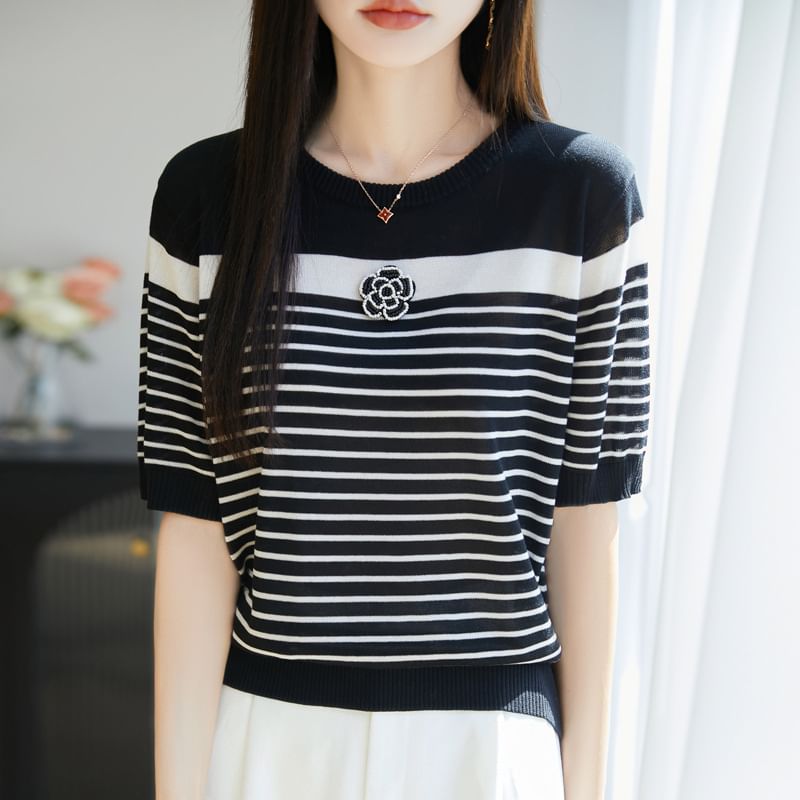 Short Sleeve Round Neck Beaded Flower Applique Striped Knit Top