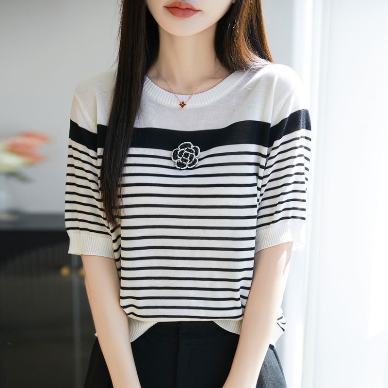 Short Sleeve Round Neck Beaded Flower Applique Striped Knit Top