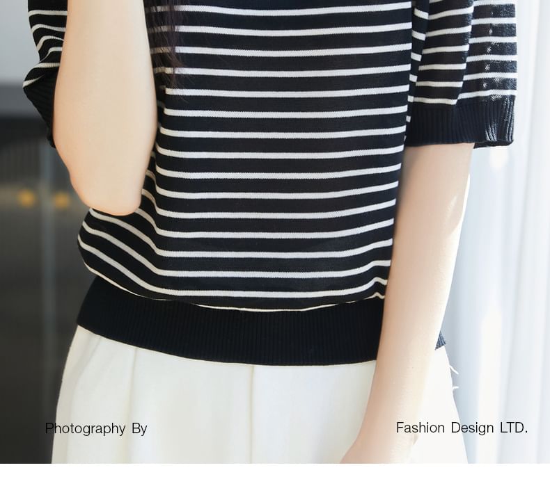 Short Sleeve Round Neck Beaded Flower Applique Striped Knit Top