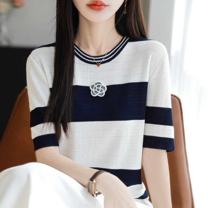 Short Sleeve Crew Neck Beaded Flower Applique Striped Knit Top