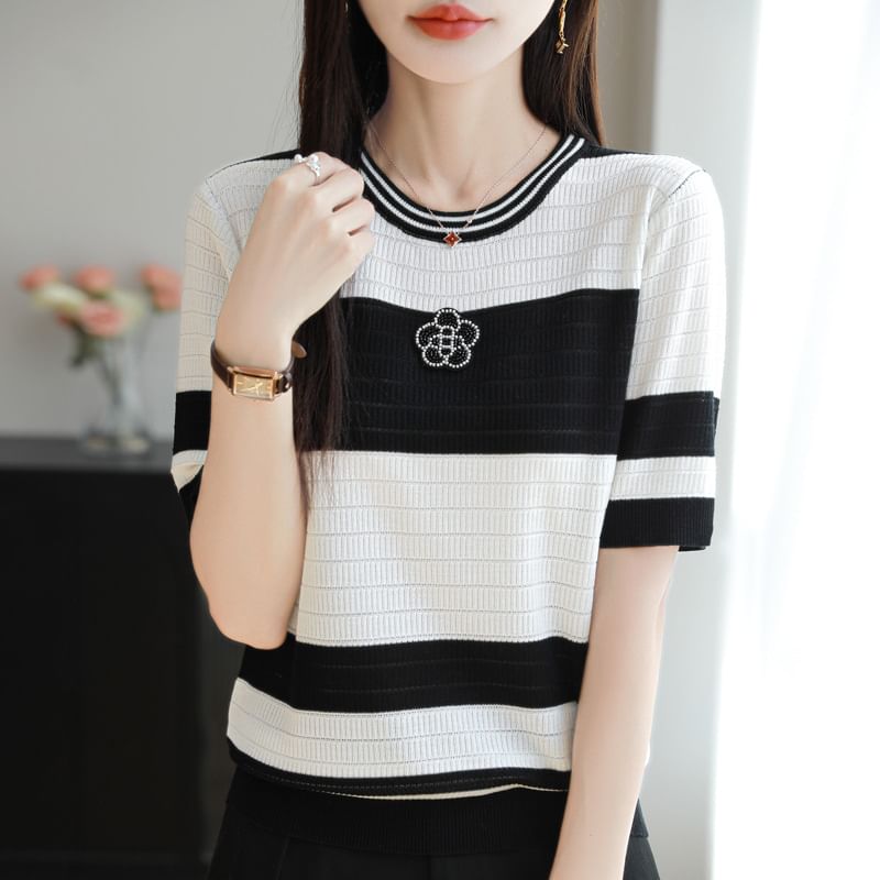 Short Sleeve Crew Neck Beaded Flower Applique Striped Knit Top