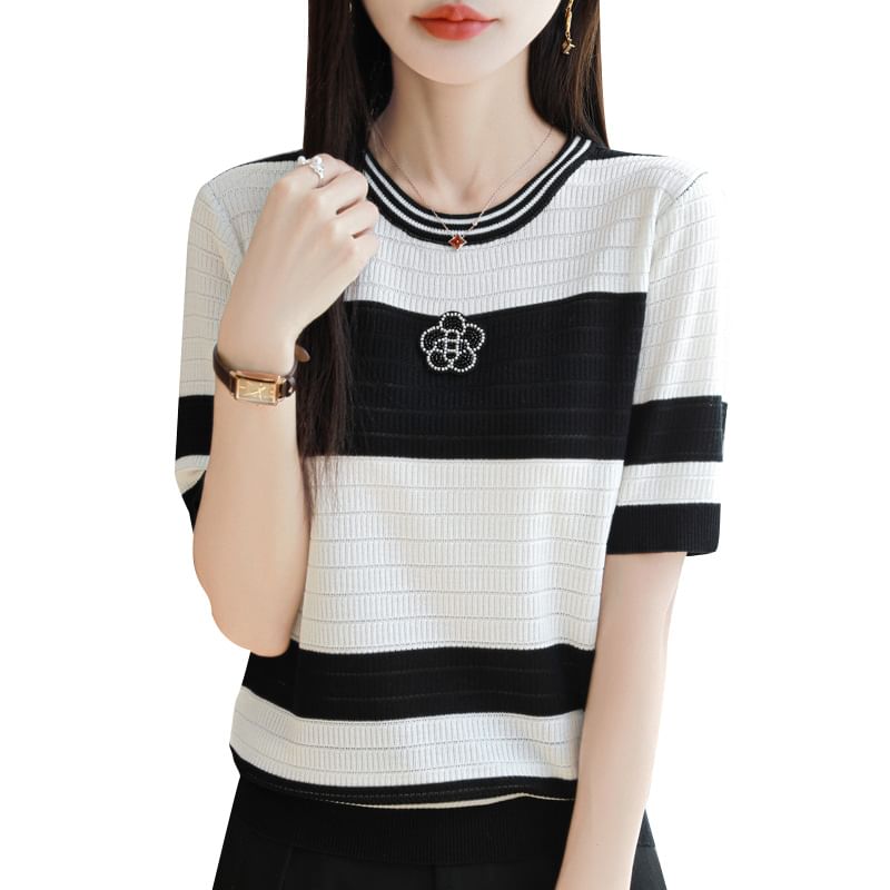 Short Sleeve Crew Neck Beaded Flower Applique Striped Knit Top