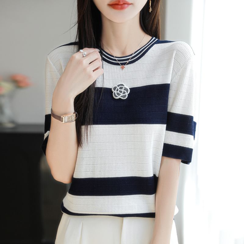 Short Sleeve Crew Neck Beaded Flower Applique Striped Knit Top