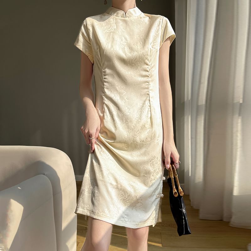 Short Sleeve Mandarin Collar Floral Jacquard Mini A-Line Dress