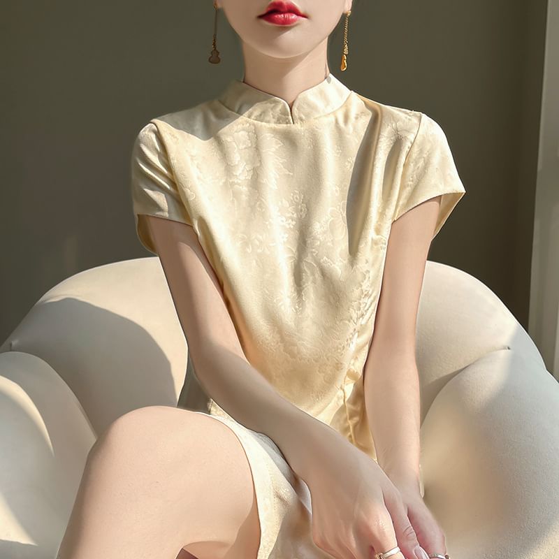 Short Sleeve Mandarin Collar Floral Jacquard Mini A-Line Dress