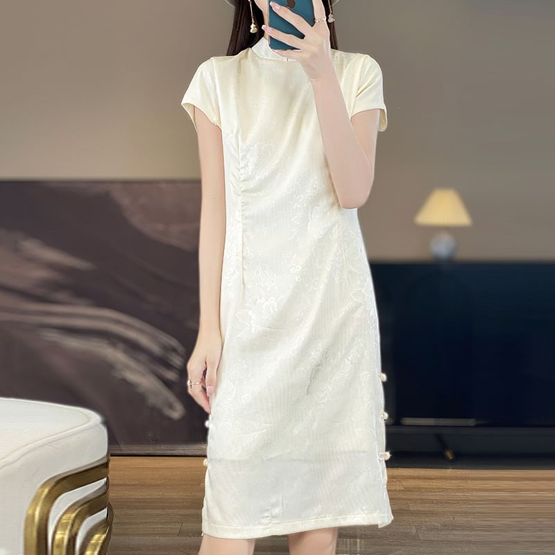 Short Sleeve Mandarin Collar Floral Jacquard Mini A-Line Dress