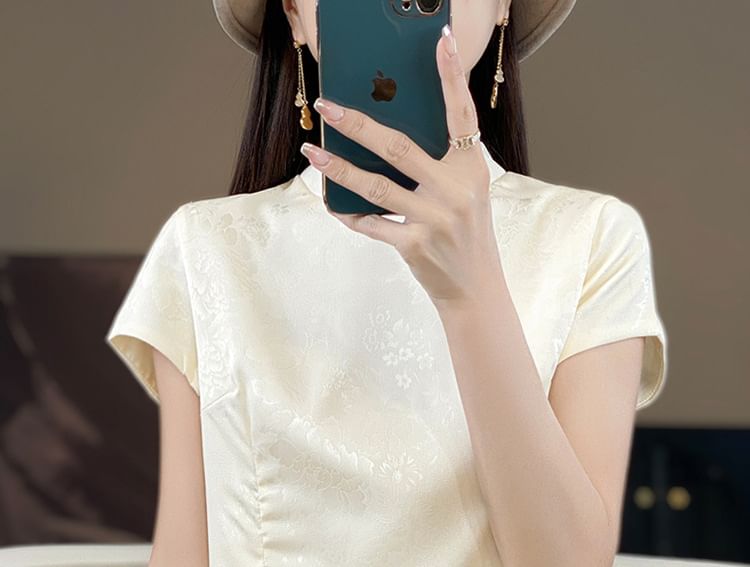 Short Sleeve Mandarin Collar Floral Jacquard Mini A-Line Dress