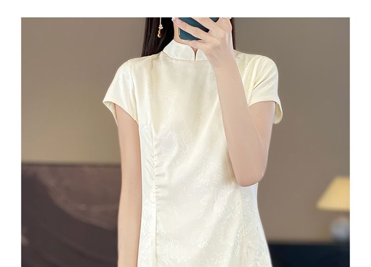 Short Sleeve Mandarin Collar Floral Jacquard Mini A-Line Dress