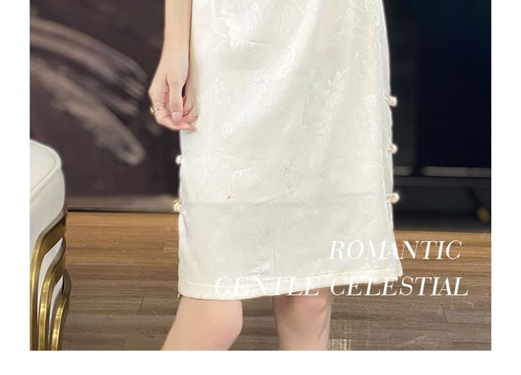 Short Sleeve Mandarin Collar Floral Jacquard Mini A-Line Dress