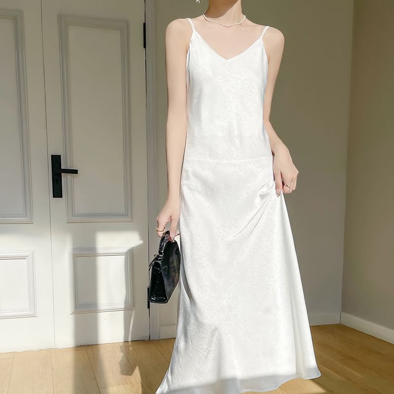 Spaghetti Strap V-Neck Plain Satin Midi A-Line Dress