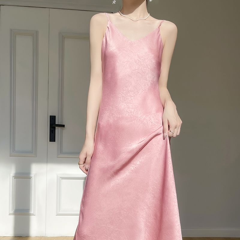 Spaghetti Strap V-Neck Plain Satin Midi A-Line Dress