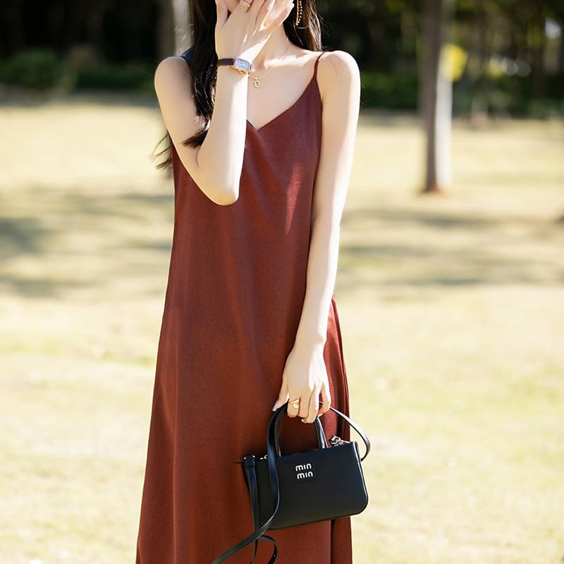 Spaghetti Strap V-Neck Plain Satin Midi A-Line Dress