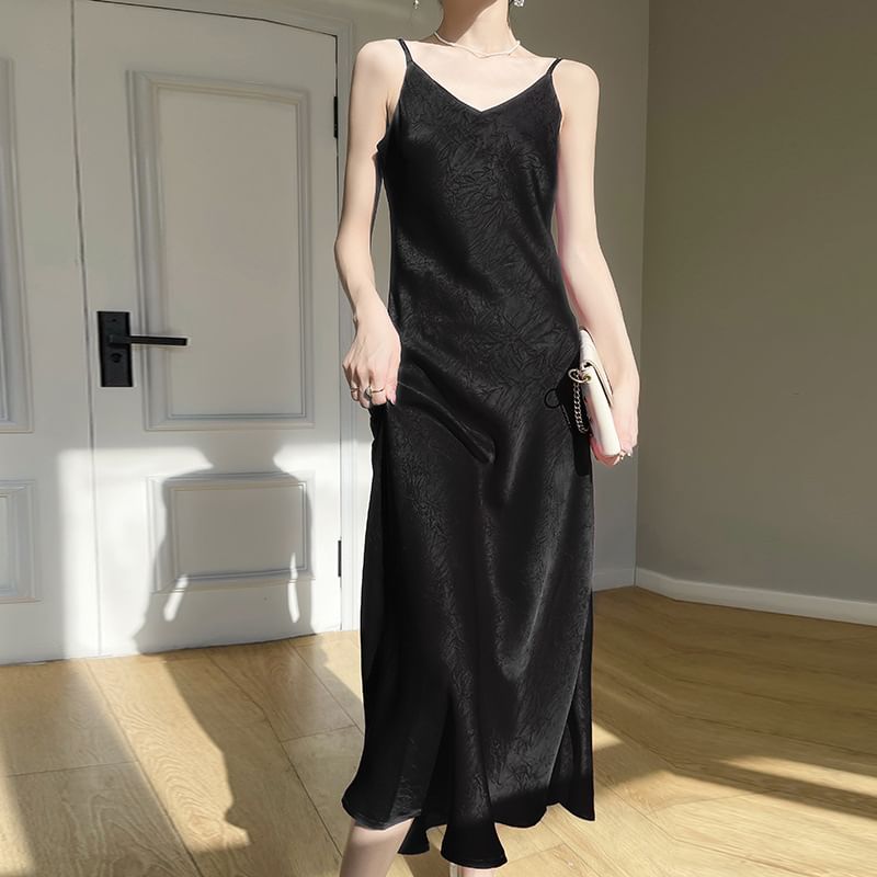 Spaghetti Strap V-Neck Plain Satin Midi A-Line Dress