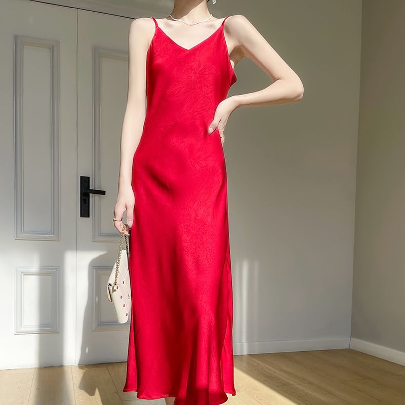 Spaghetti Strap V-Neck Plain Satin Midi A-Line Dress