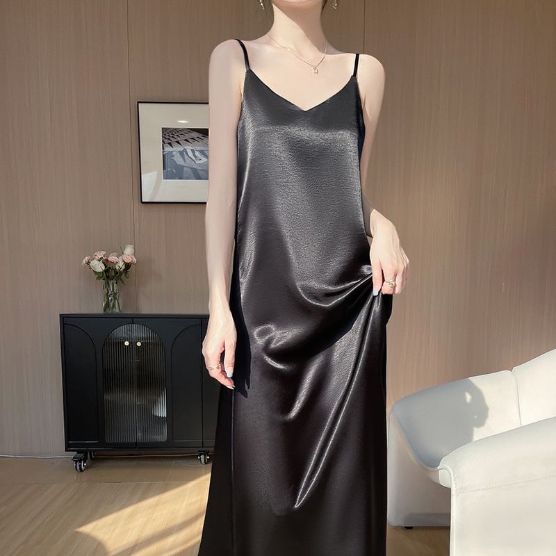 Spaghetti Strap V-Neck Plain Satin Maxi A-Line Dress