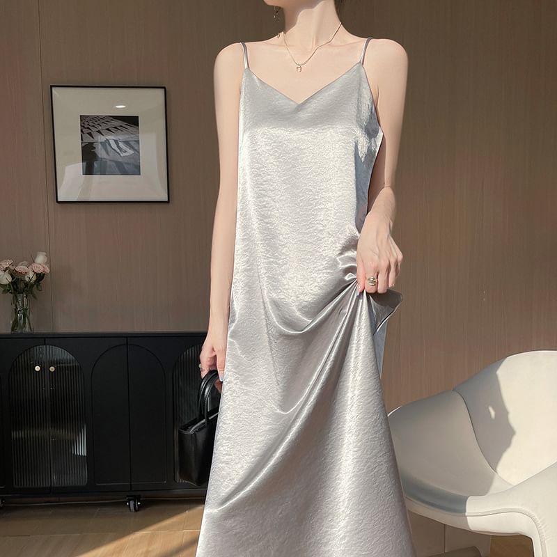 Spaghetti Strap V-Neck Plain Satin Maxi A-Line Dress